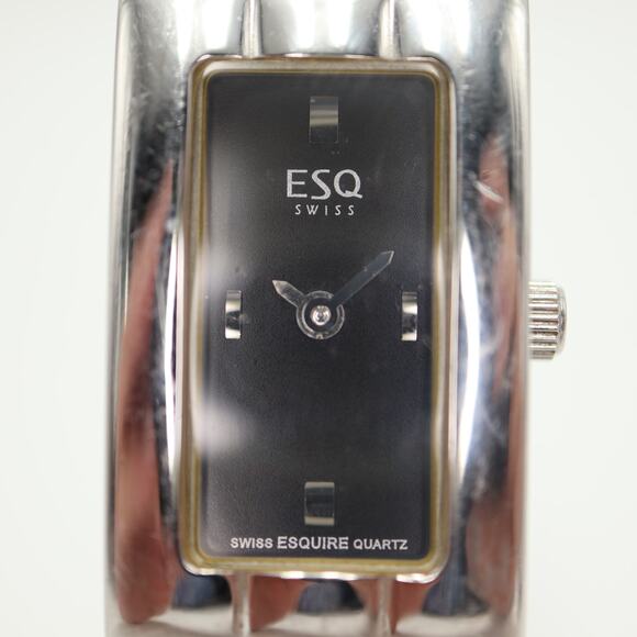 Vintage ESQ Womens Silver Tone 18mm Black Tank Watch 6.5" Bracelet w New Battery - Picture 6 of 12